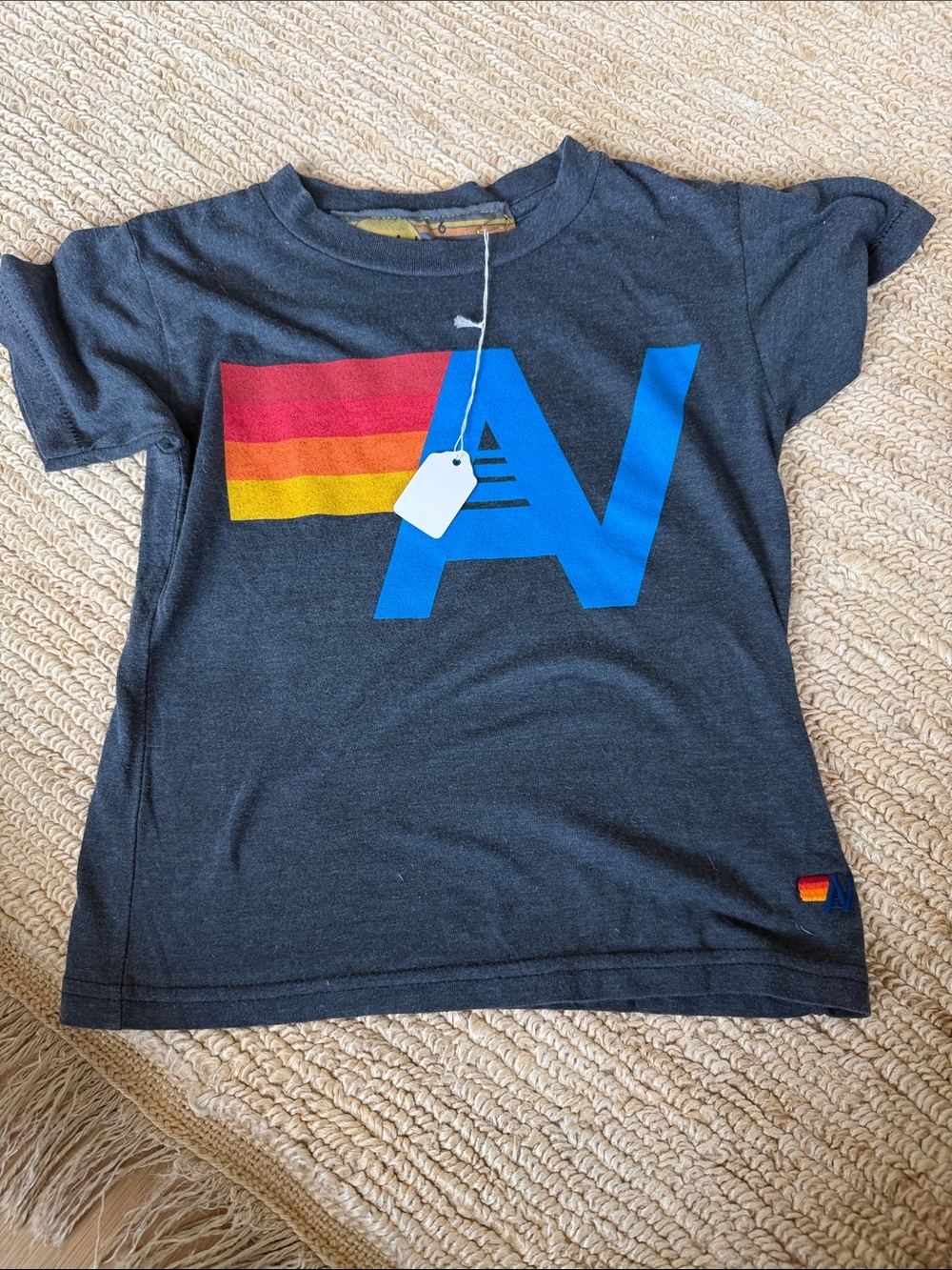 Aviator Nation Kids Charcoal Tee with Blue Logo and Rainbow Stripe